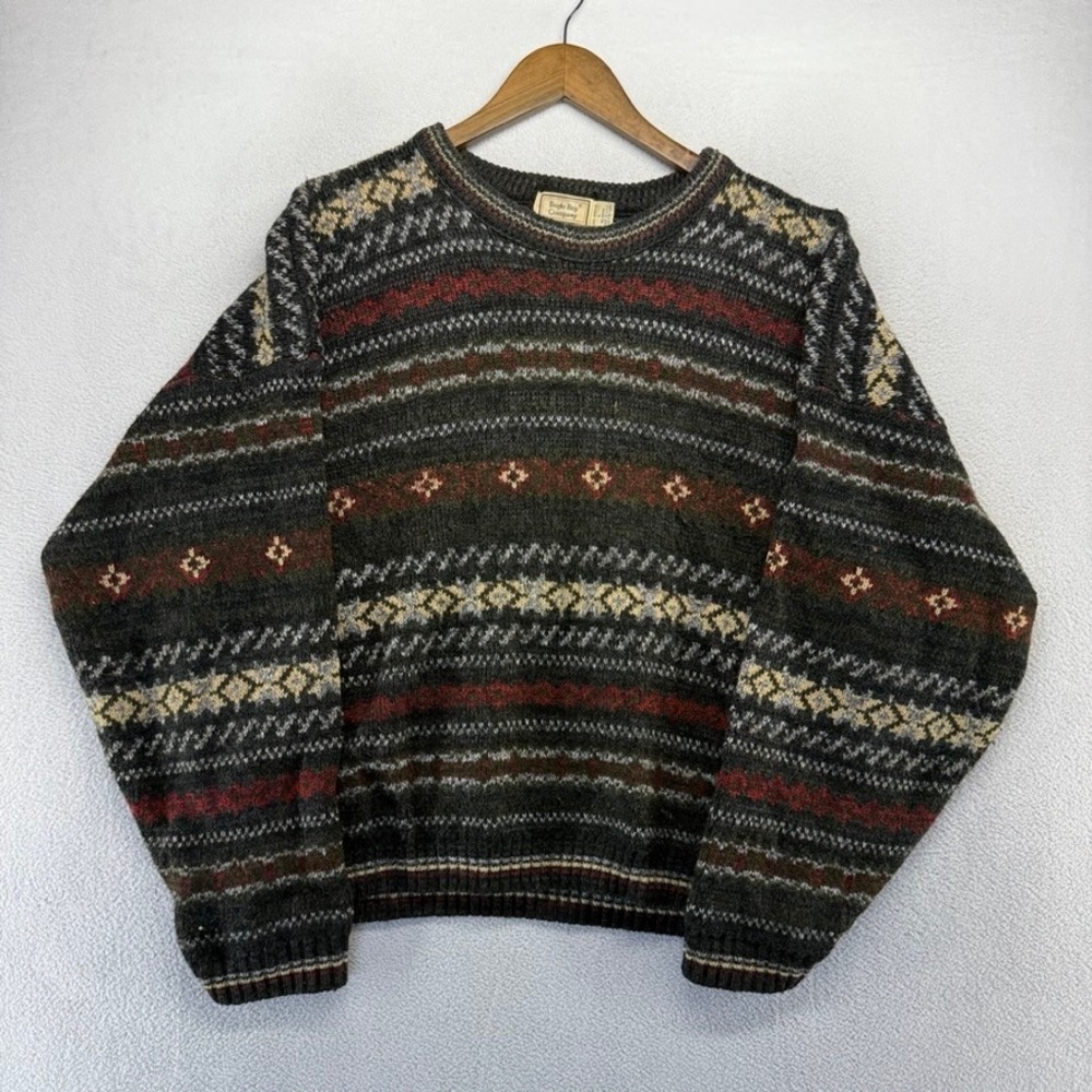 Vintage Bugle Boy Sweater Mens Large Gray Fair Isle Geometric Grandpa USA 90s